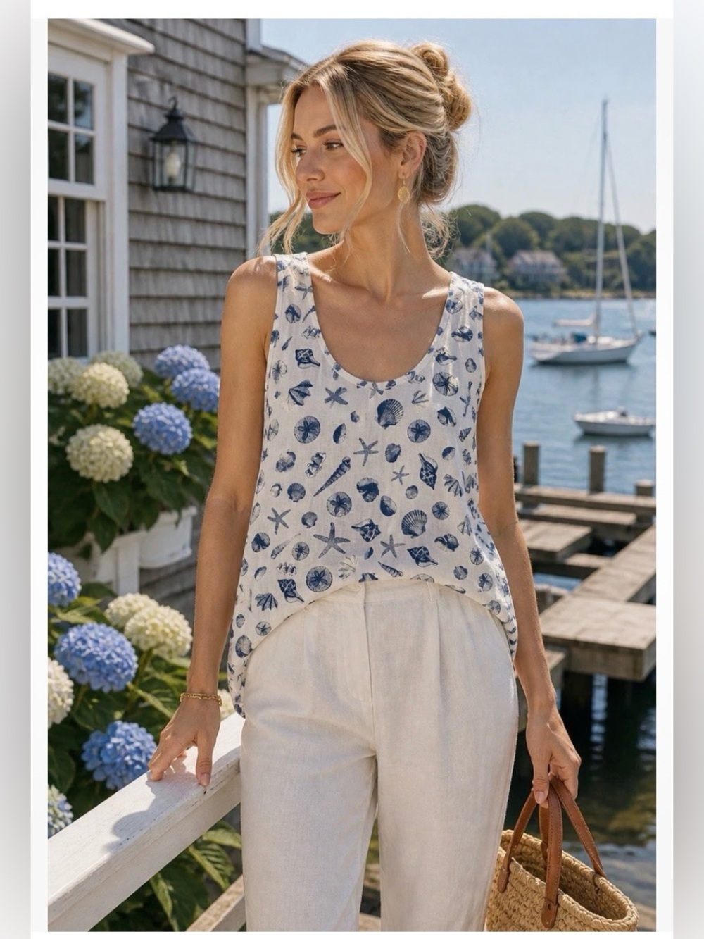 J.Jill 100% Linen White Nautical Seashell Starfish Print Tank Top